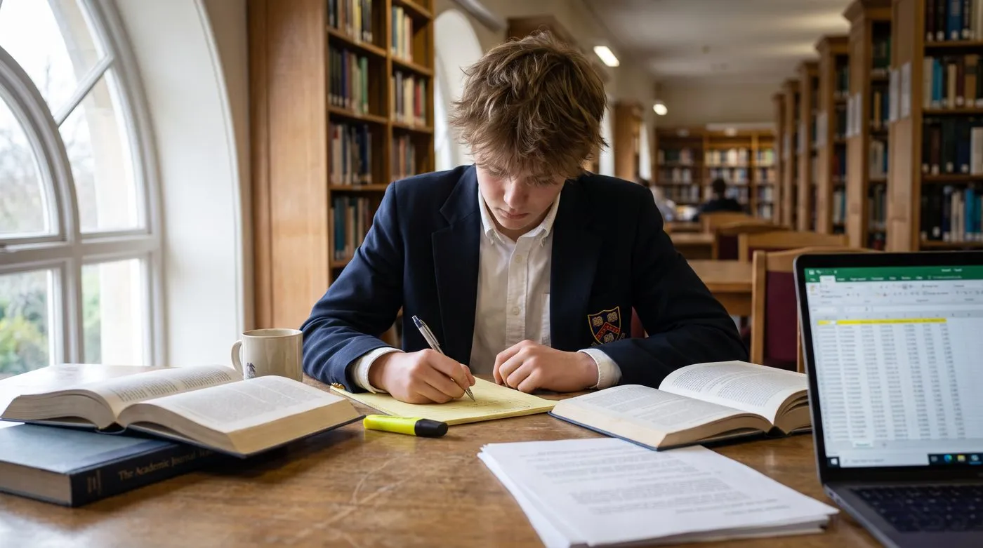 Student researching and writing in the library
